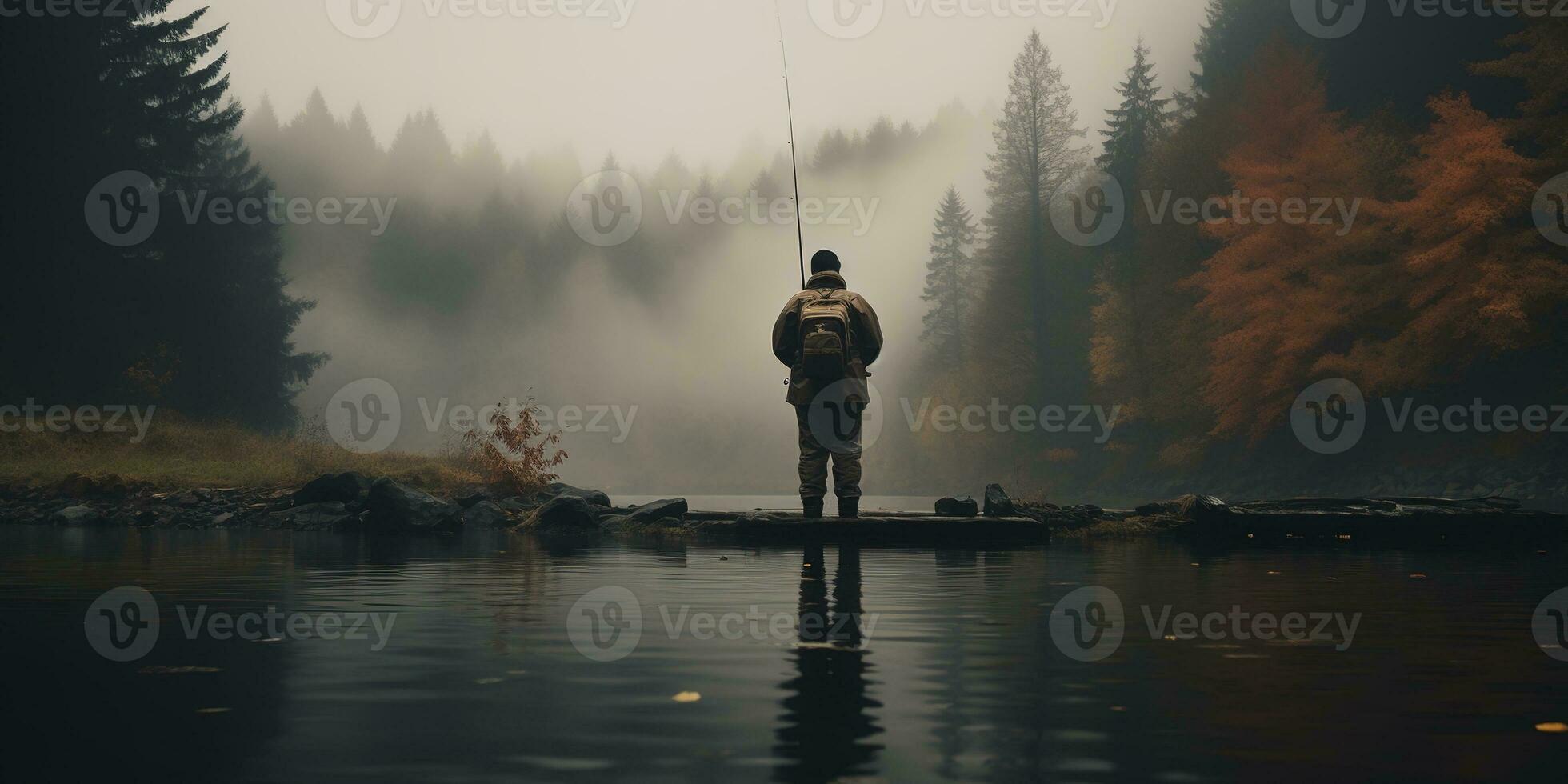 Generative AI, Fishing with rods on autumn landscape near the river, fisherman with spinning, muted colors photo