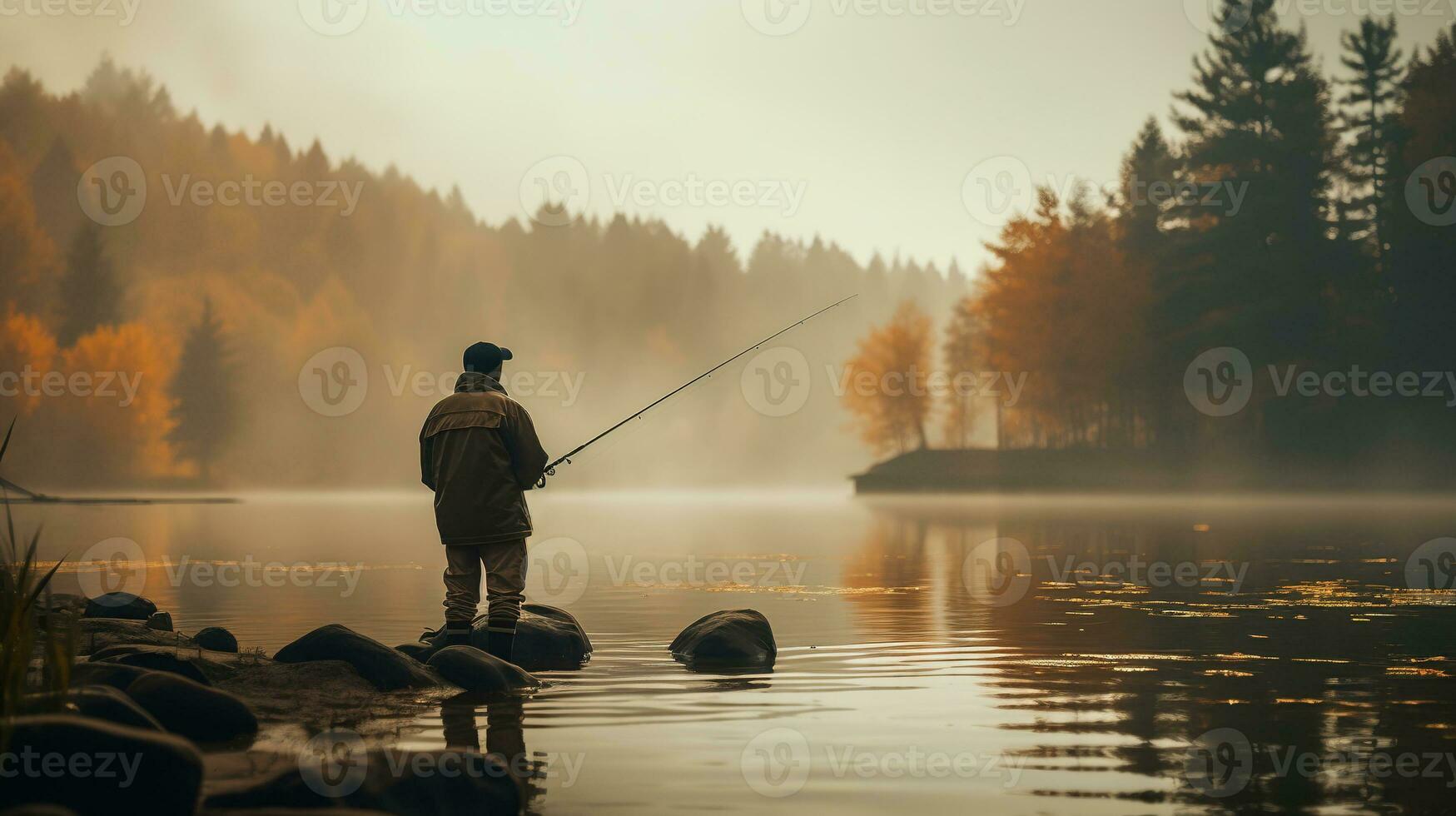 Generative AI, Fishing with rods on autumn landscape near the river, fisherman with spinning, muted colors photo