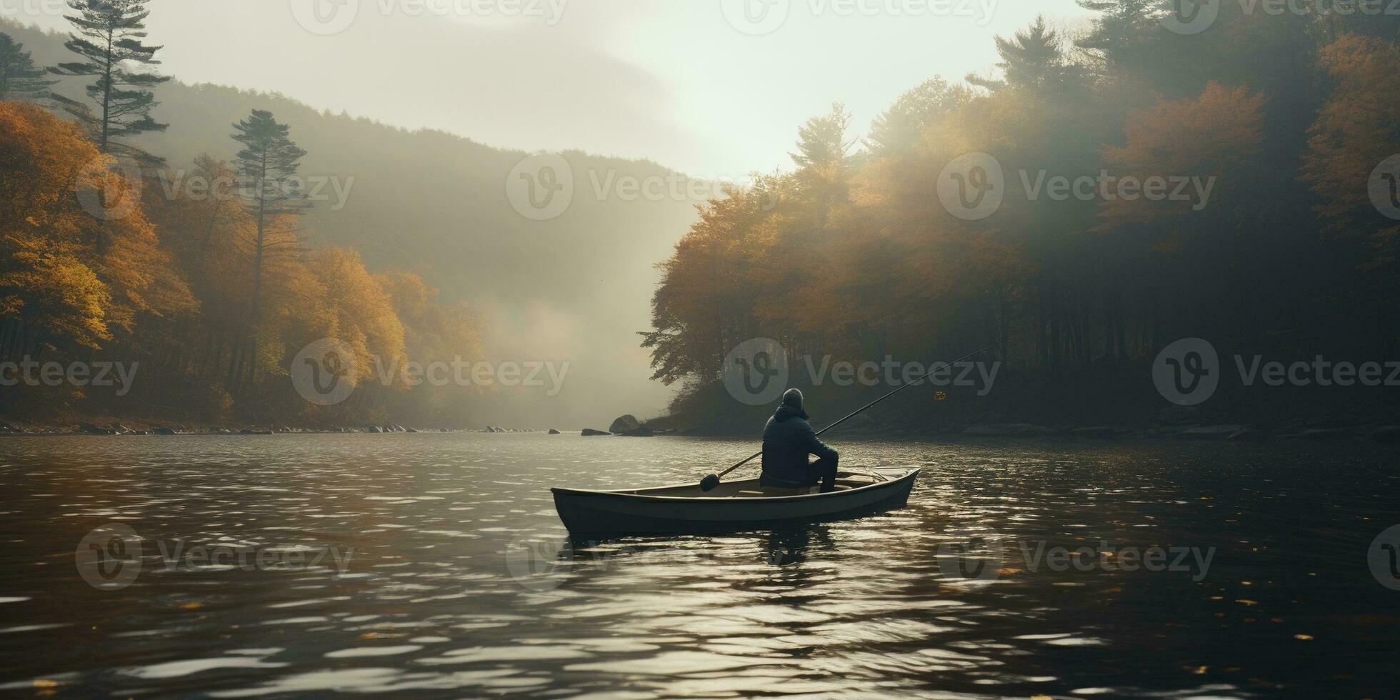 Generative AI, Fishing with rods on autumn landscape near the river, fisherman with spinning, muted colors photo