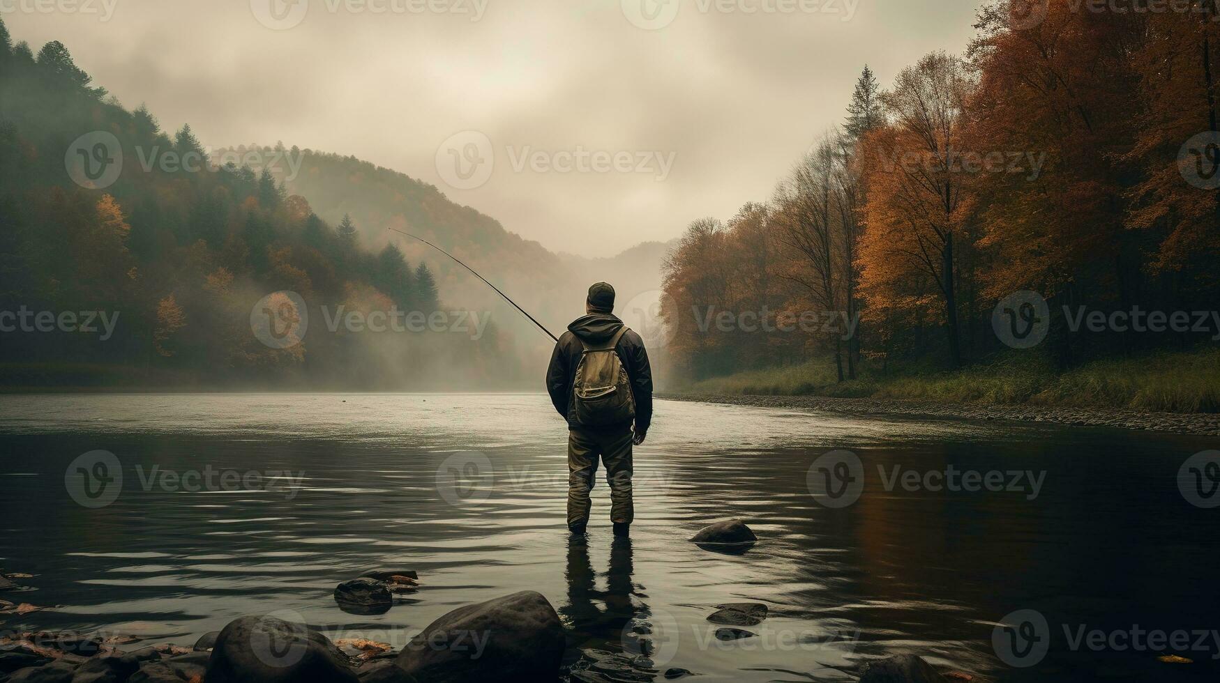 Generative AI, Fishing with rods on autumn landscape near the river, fisherman with spinning, muted colors photo