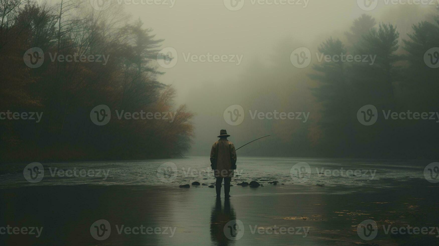 Generative AI, Fishing with rods on autumn landscape near the river, fisherman with spinning, muted colors photo