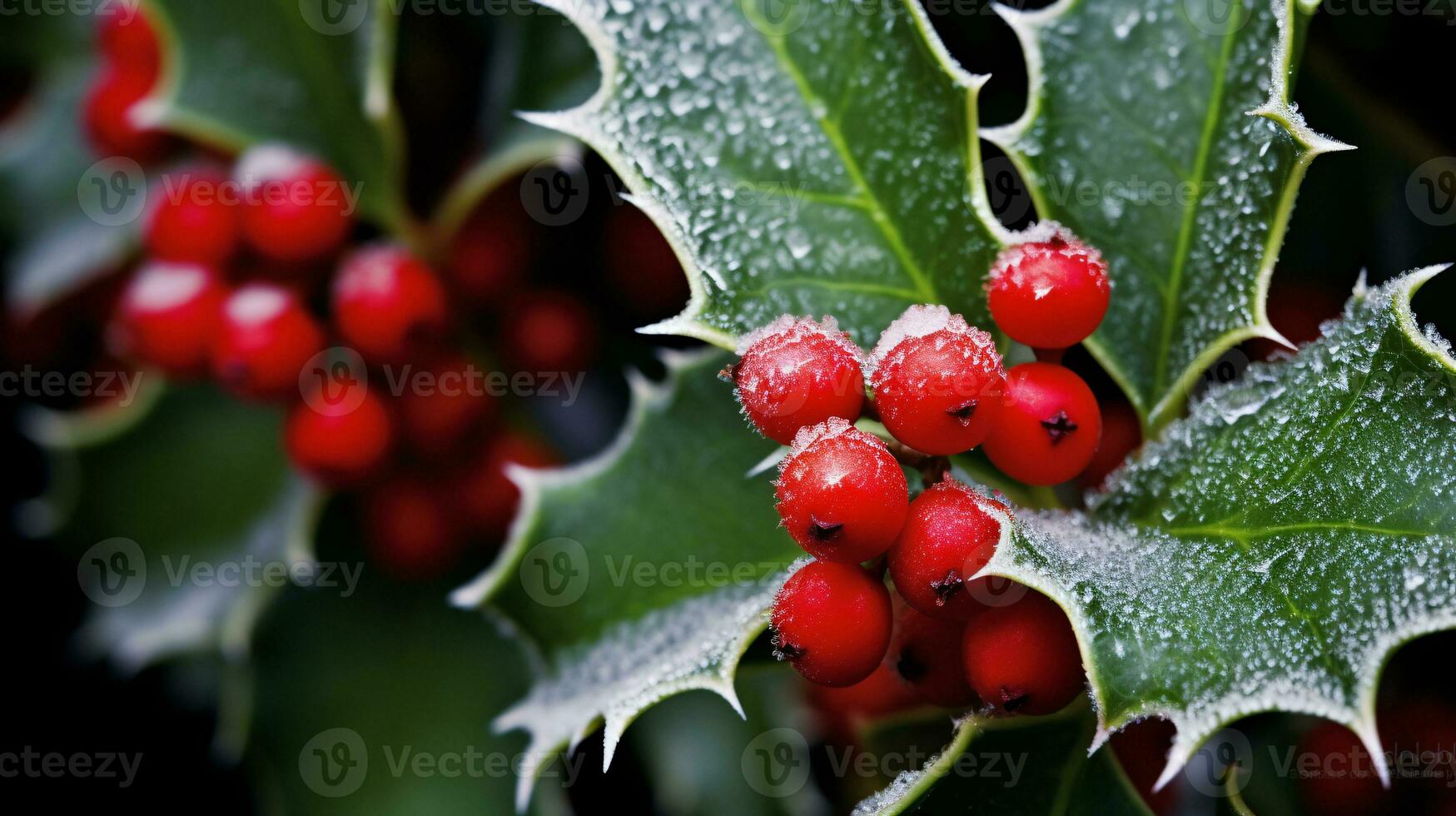 ai generative Close up of Crisp Holly Leaves with ice and red berry photo