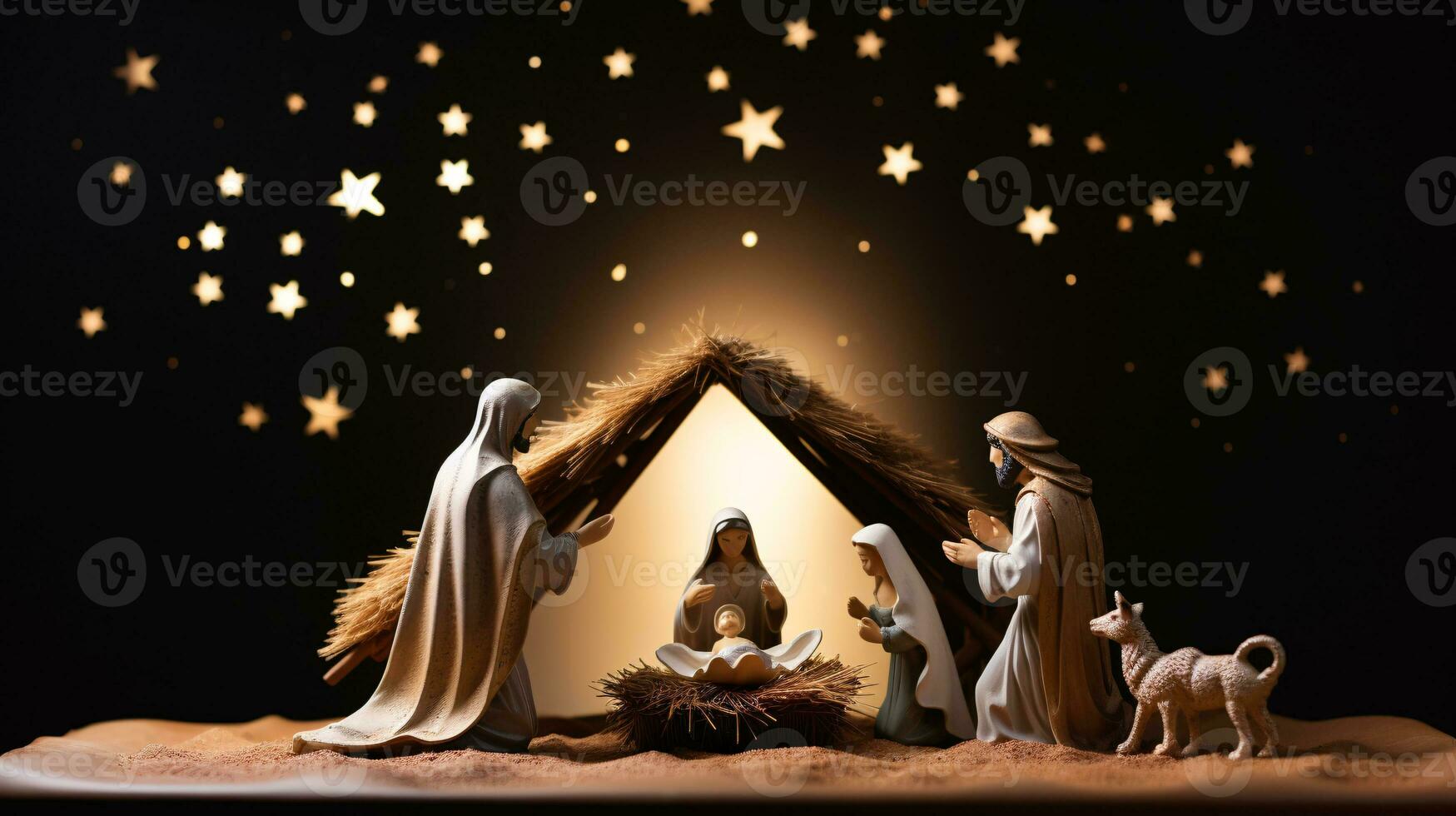 ai generativo Navidad iluminado por las estrellas natividad escena diorama retratar el historia de Jesús nacimiento foto