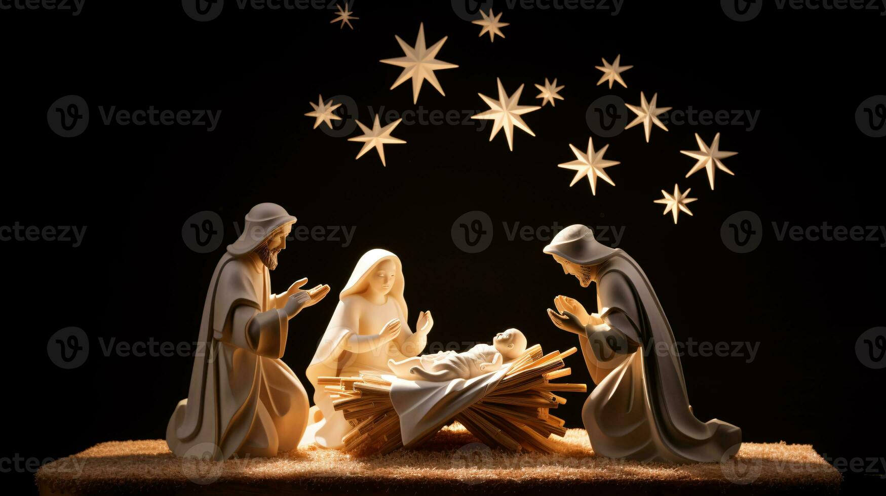 ai generativo Navidad iluminado por las estrellas natividad escena diorama retratar el historia de Jesús nacimiento foto