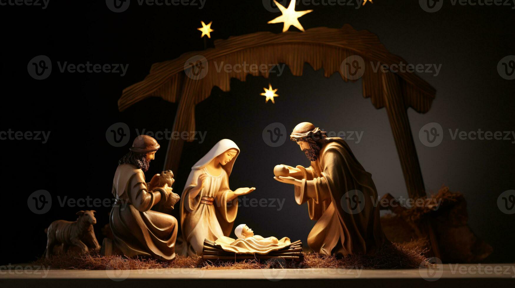 ai generativo Navidad iluminado por las estrellas natividad escena diorama retratar el historia de Jesús nacimiento foto