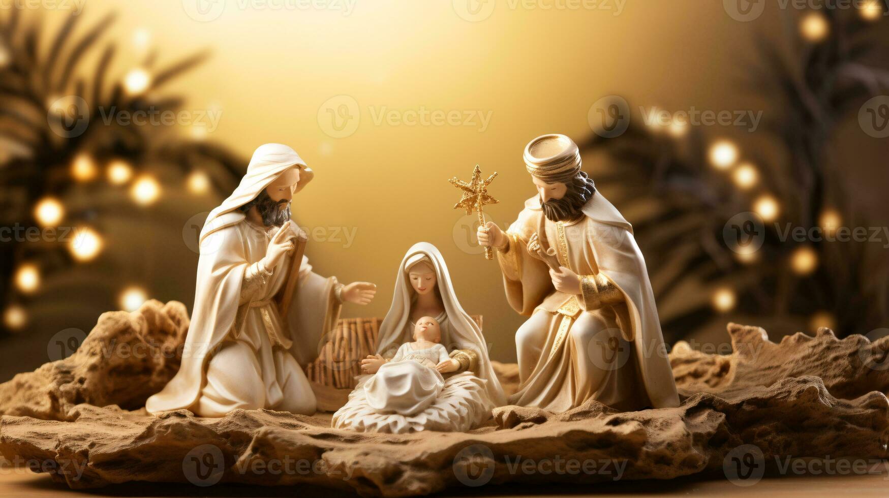 ai generativo Navidad iluminado por las estrellas natividad escena diorama retratar el historia de Jesús nacimiento foto