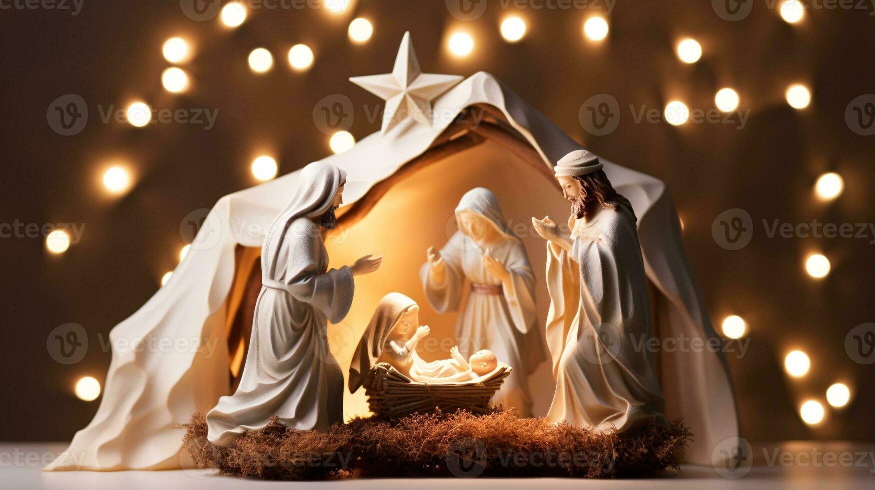 ai generativo Navidad iluminado por las estrellas natividad escena diorama retratar el historia de Jesús nacimiento foto