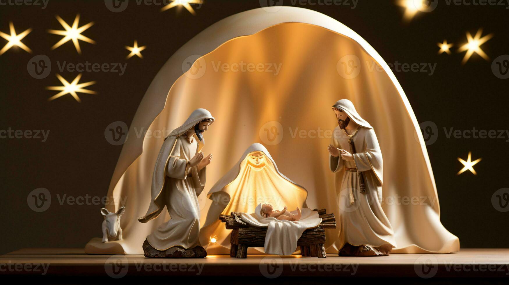ai generativo Navidad iluminado por las estrellas natividad escena diorama retratar el historia de Jesús nacimiento foto
