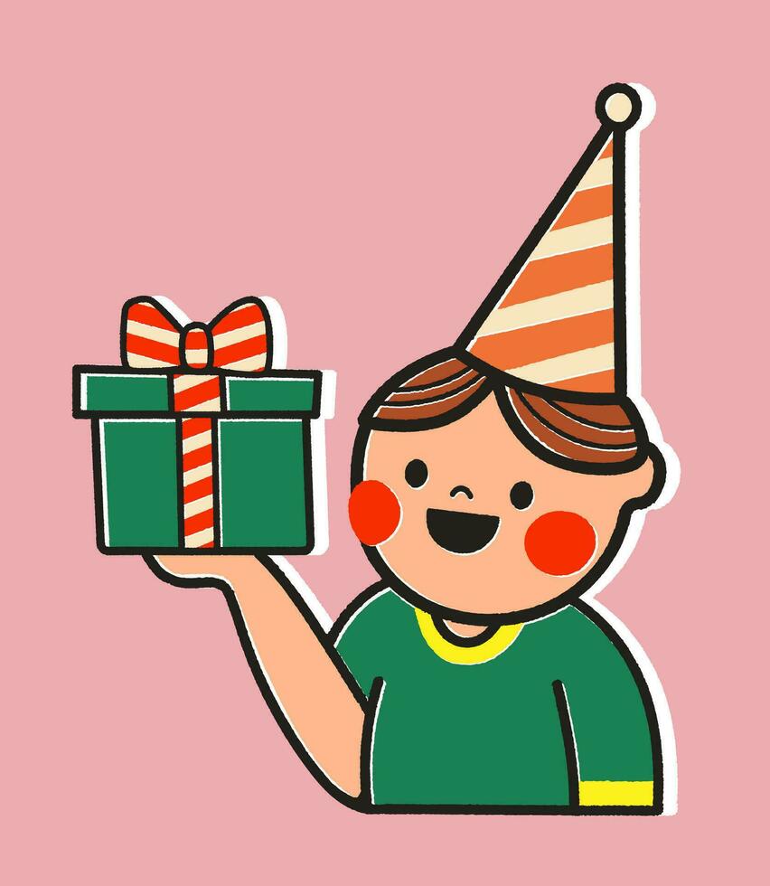 Birthday card with cartoon boy holding a gift box illustration on pink background. Sticker style greeting card in retro style. Cute postcard for child or design for your brand. vector