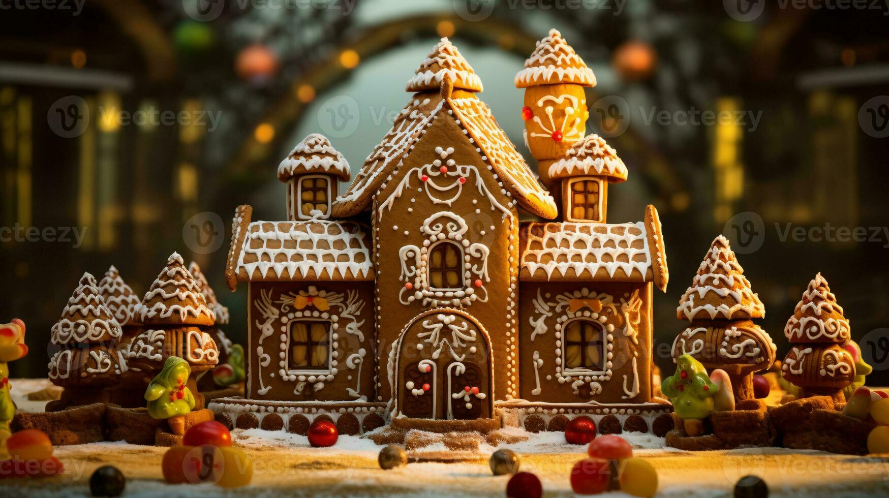 ai generative Beautifully decorated gingerbread house with colorful decorations photo