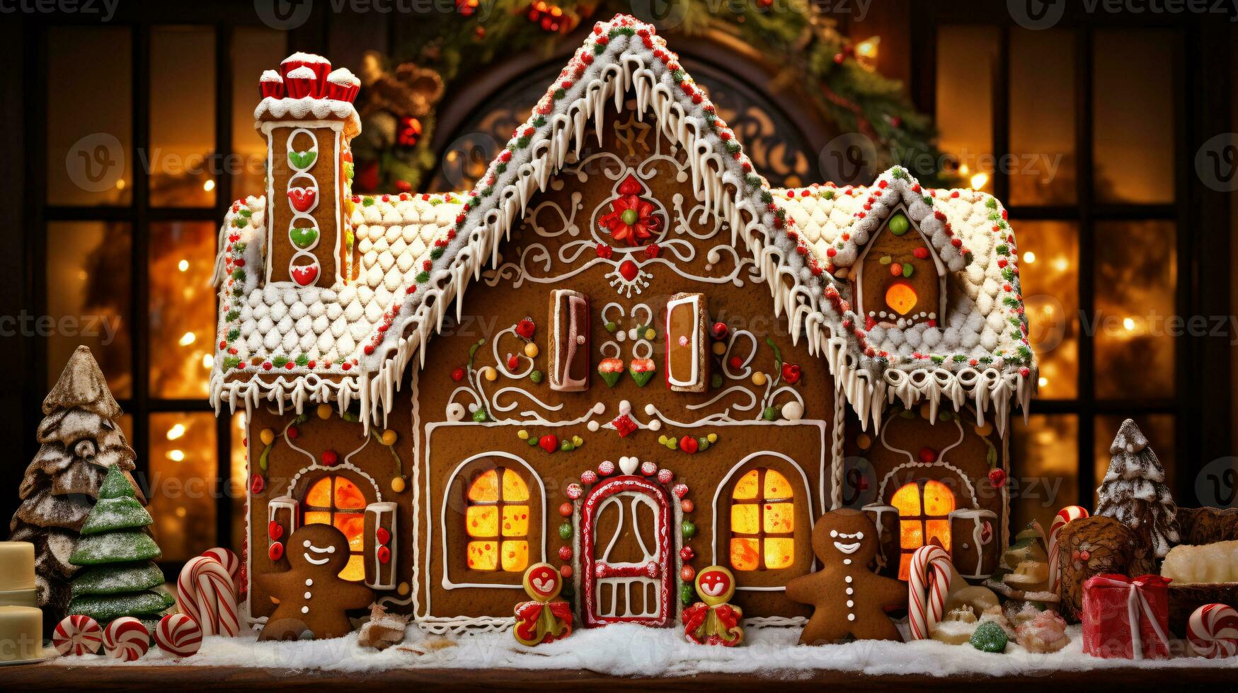 ai generative Beautifully decorated gingerbread house with colorful decorations photo