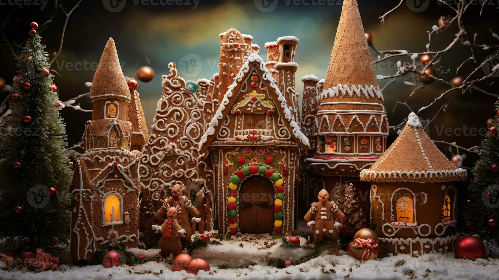 ai generative Beautifully decorated gingerbread house with colorful decorations photo