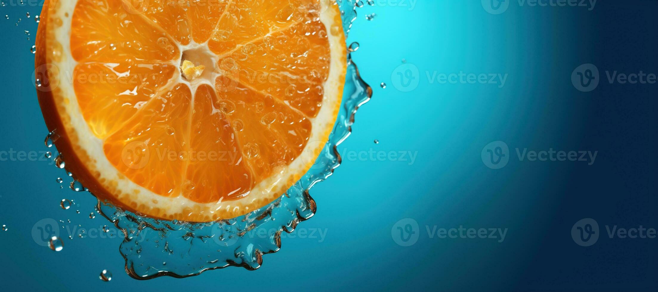generativo ai, Fresco naranja macro, rebanada en agua chapoteo, naranja y azul turquesa colores foto