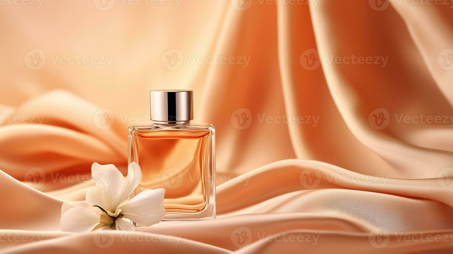 generativo ai, botella de perfume en un naranja seda antecedentes. vaso matraz con naranja fragancia embalaje diseño burlarse de arriba foto
