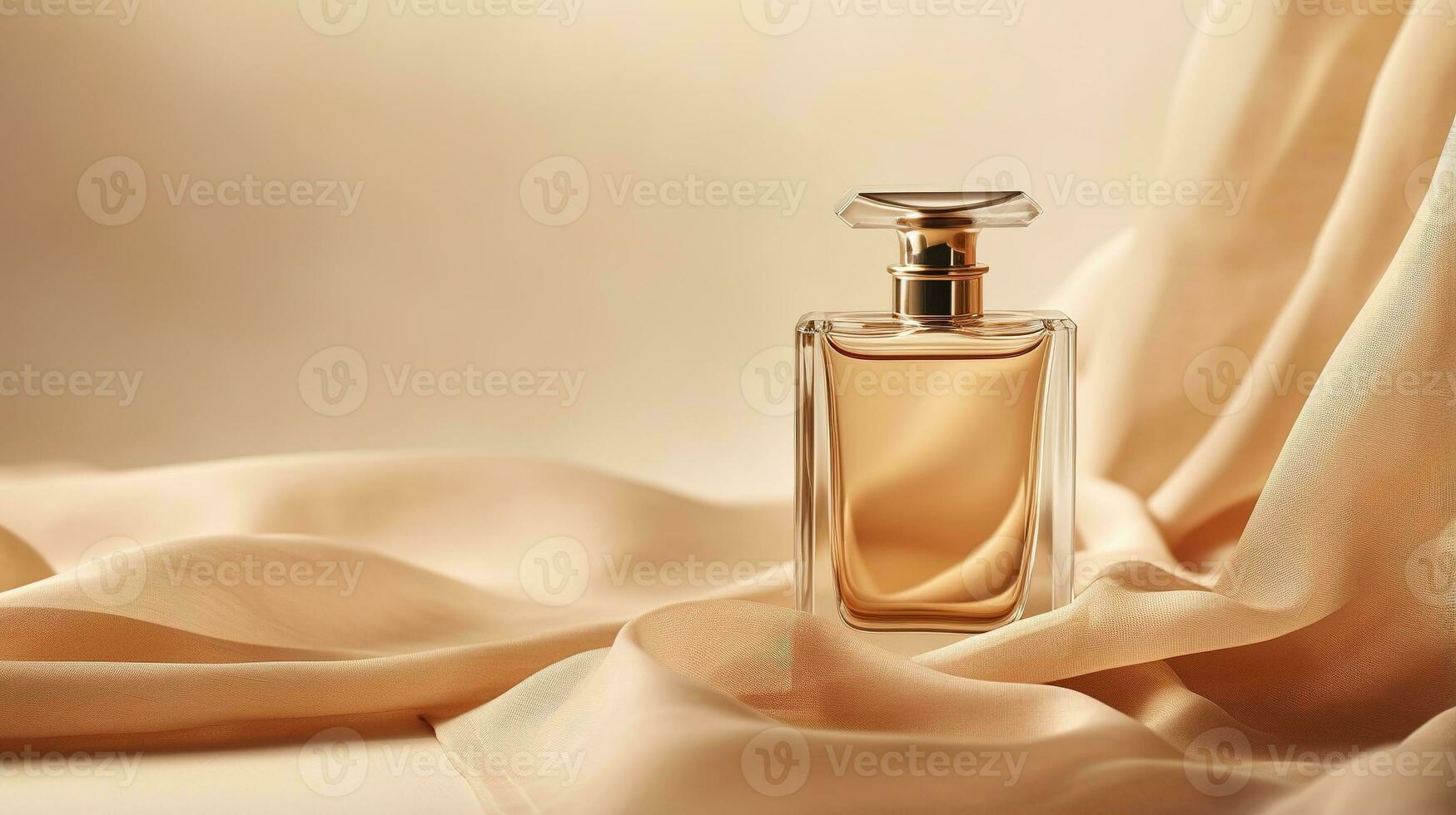 Generative AI, Bottle of perfume on a beige silk background. Glass flask with beige fragrance packaging design mock up photo