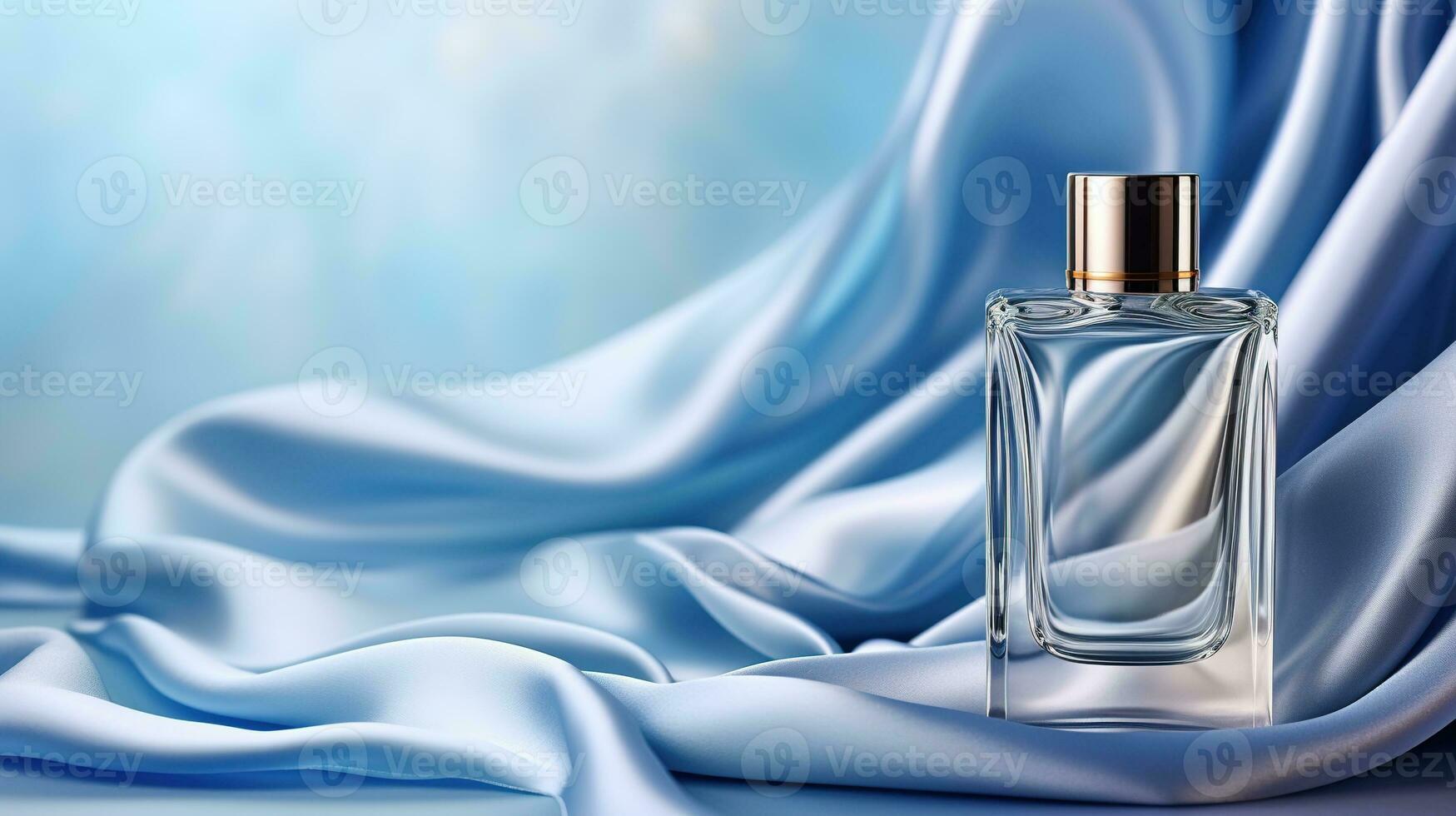 Generative AI, Bottle of perfume on a blue silk background. Glass flask with blue fragrance packaging design mock up photo