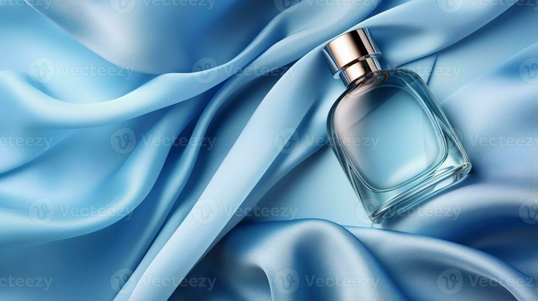 Generative AI, Bottle of perfume on a blue silk background. Glass flask with blue fragrance packaging design mock up photo