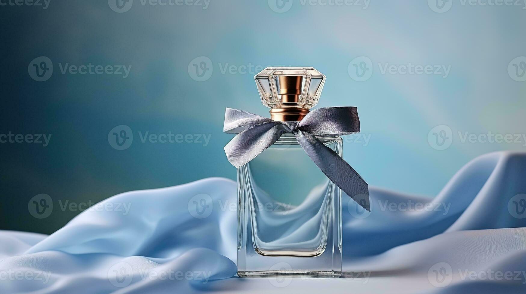 Generative AI, Bottle of perfume on a blue silk background. Glass flask with blue fragrance packaging design mock up photo