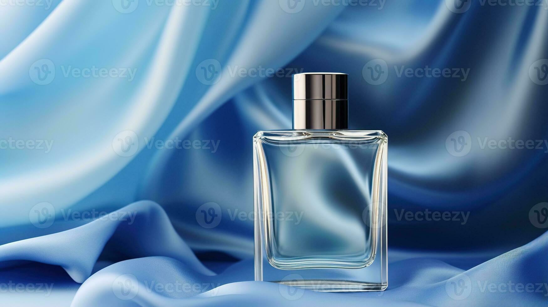 generativo ai, botella de perfume en un azul seda antecedentes. vaso matraz con azul fragancia embalaje diseño burlarse de arriba foto