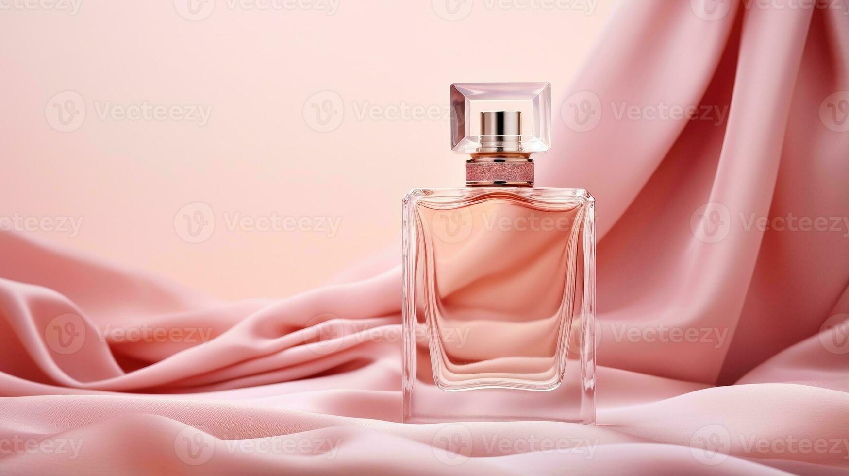 Generative AI, Bottle of perfume on a pink silk background. Glass flask with pink fragrance packaging design mock up photo