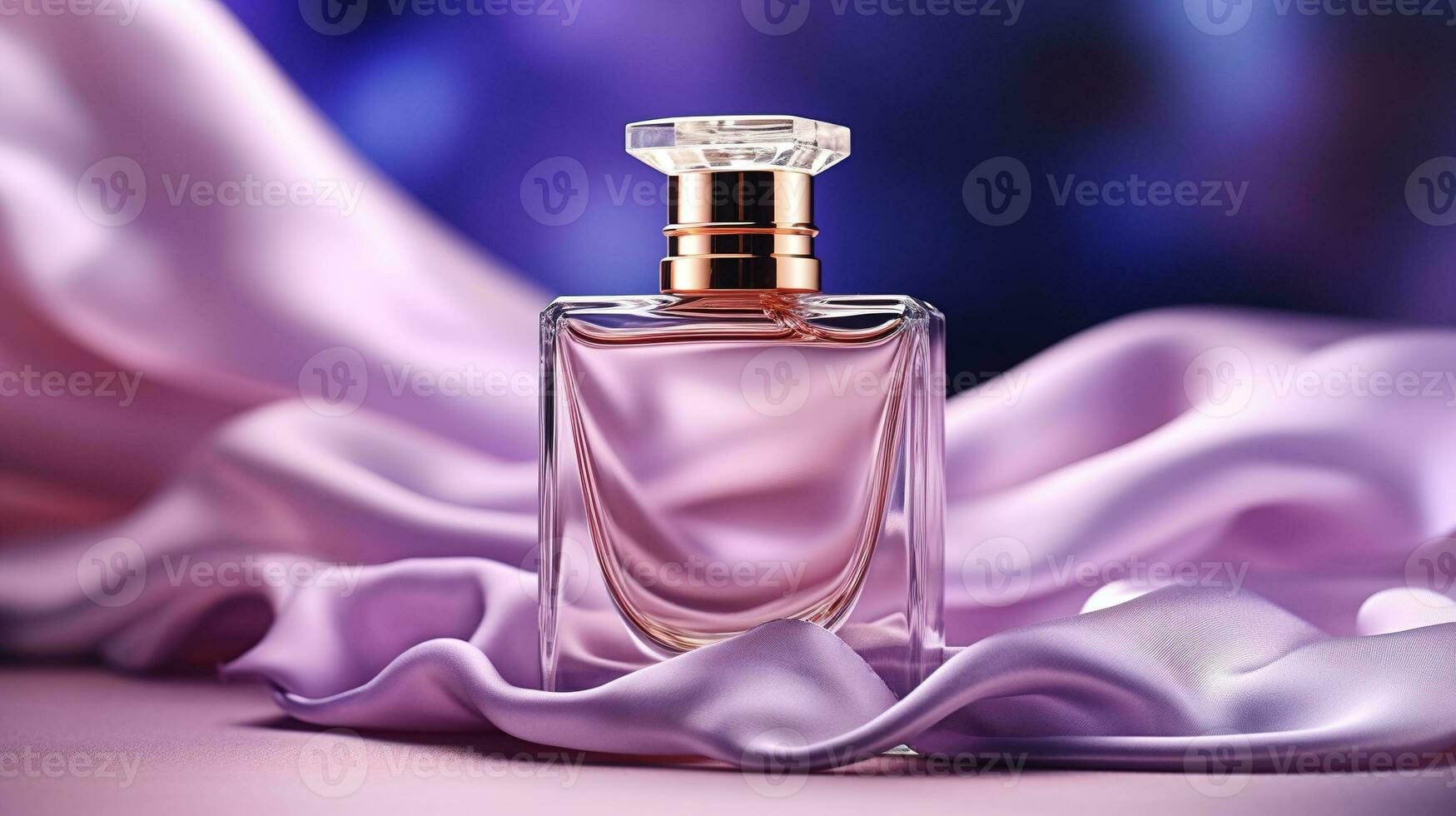 Generative AI, Bottle of perfume on a purple silk background. Glass flask with purple fragrance packaging design mock up photo