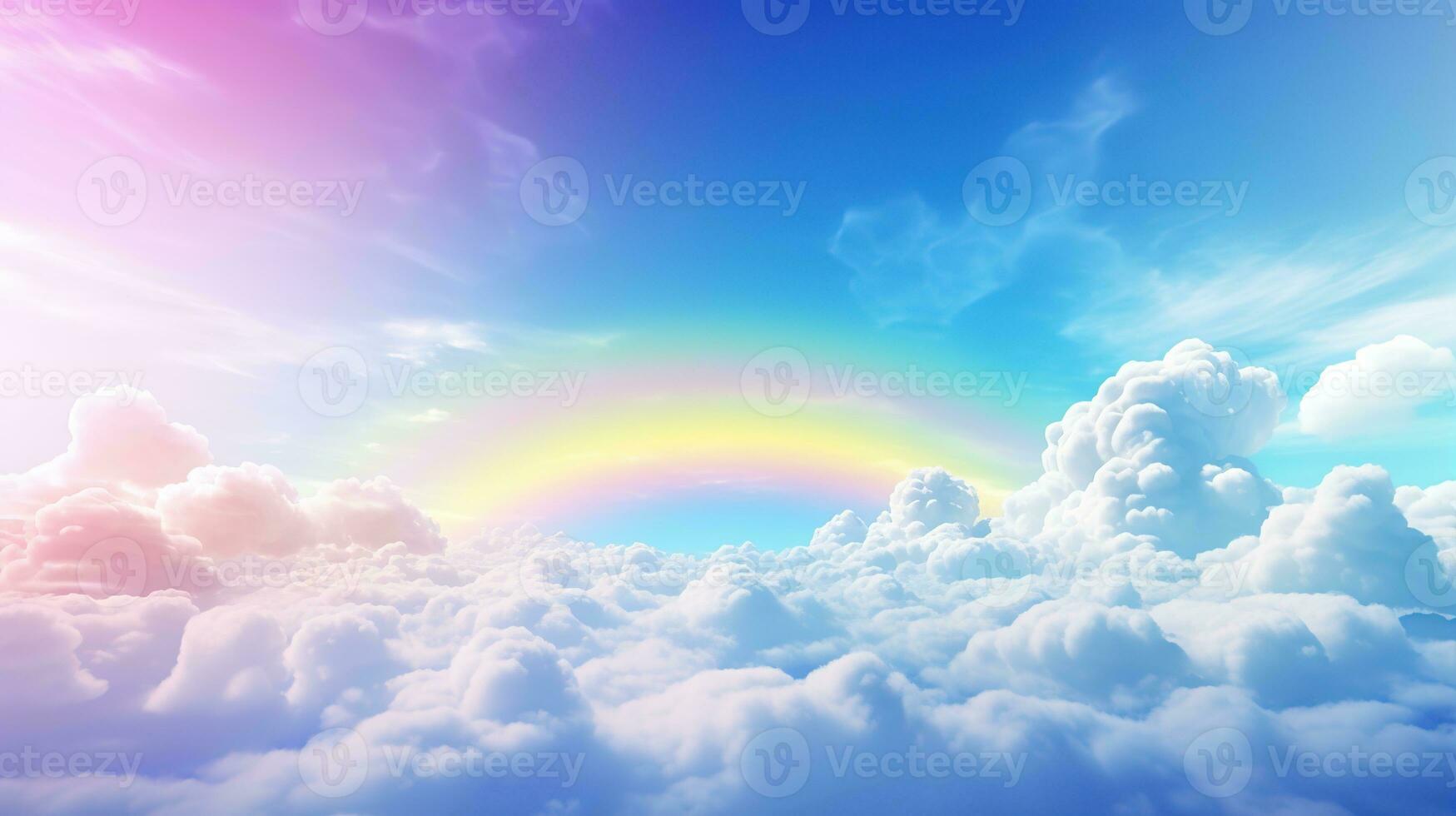 Generative AI, white fantastic clouds, sky and landscape with colorful rainbow. Gentle colors and with bright lights. photo