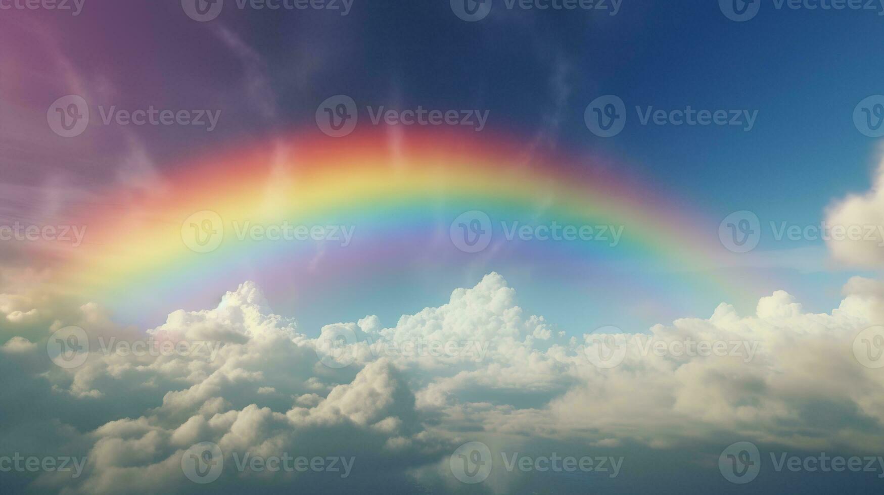 Generative AI, white fantastic clouds, sky and landscape with colorful rainbow. Gentle colors and with bright lights. photo