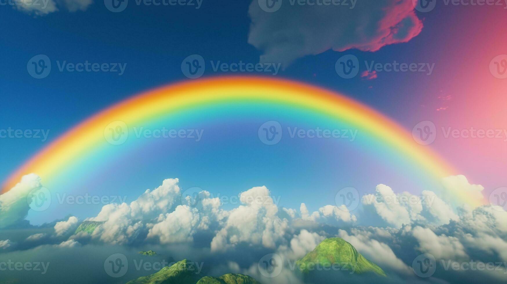 Generative AI, white fantastic clouds, sky and landscape with colorful rainbow. Gentle colors and with bright lights. photo