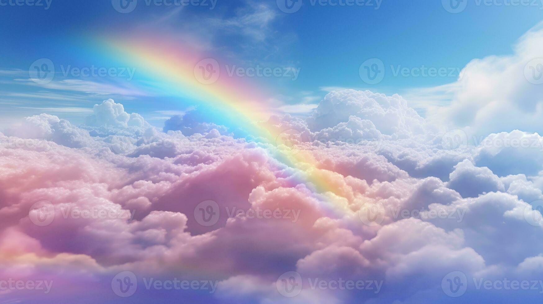 Generative AI, white fantastic clouds, sky and landscape with colorful rainbow. Gentle colors and with bright lights. photo