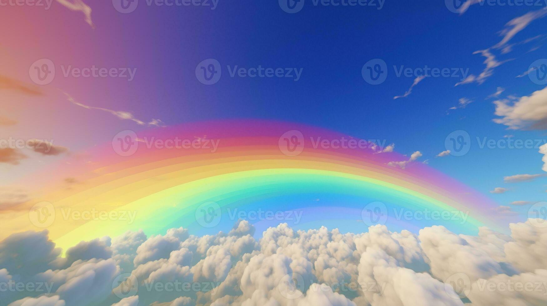 Generative AI, white fantastic clouds, sky and landscape with colorful rainbow. Gentle colors and with bright lights. photo