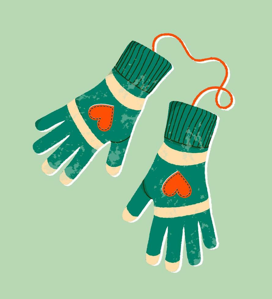 Mittens pair flat cartoon textured illustration. Winter gloves and winter holiday concept. Hand drawn flat holiday symbol. Cute green mittens with hearts. Trendy illustration for print and web. vector