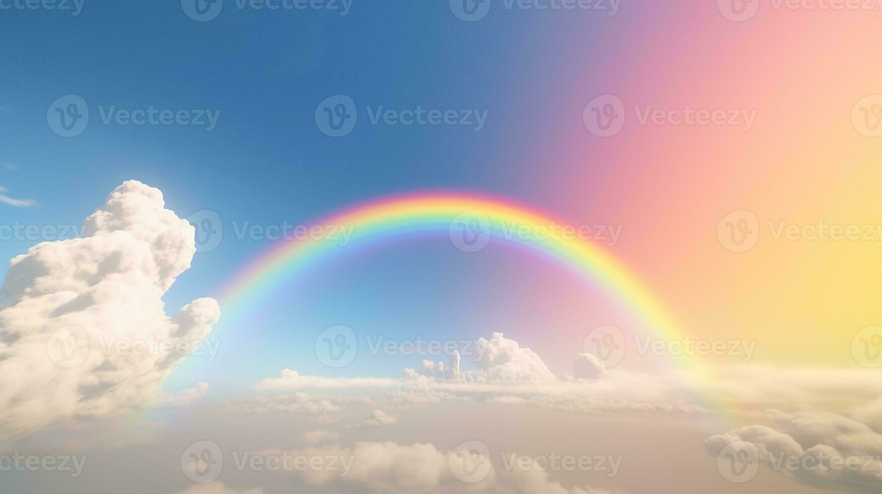 Generative AI, white fantastic clouds, sky and landscape with colorful rainbow. Gentle colors and with bright lights. photo