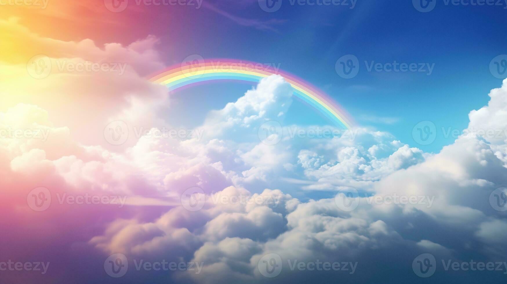 Generative AI, white fantastic clouds, sky and landscape with colorful rainbow. Gentle colors and with bright lights. photo