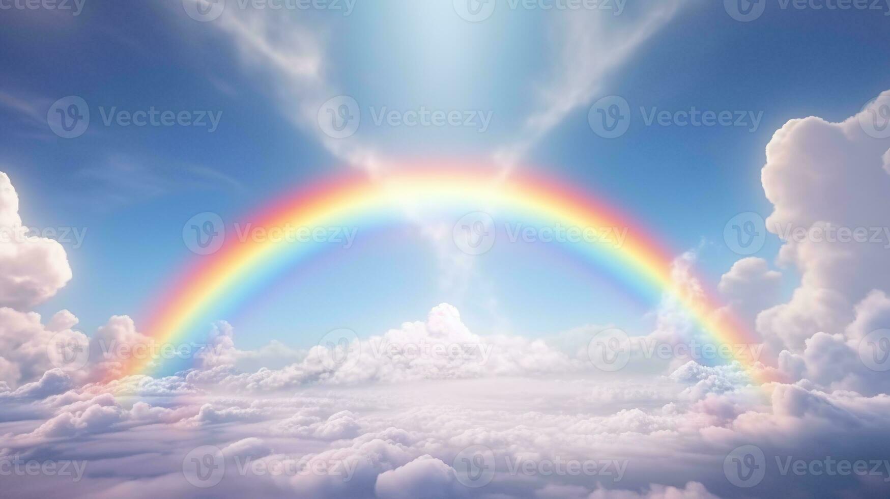 Generative AI, white fantastic clouds, sky and landscape with colorful rainbow. Gentle colors and with bright lights. photo