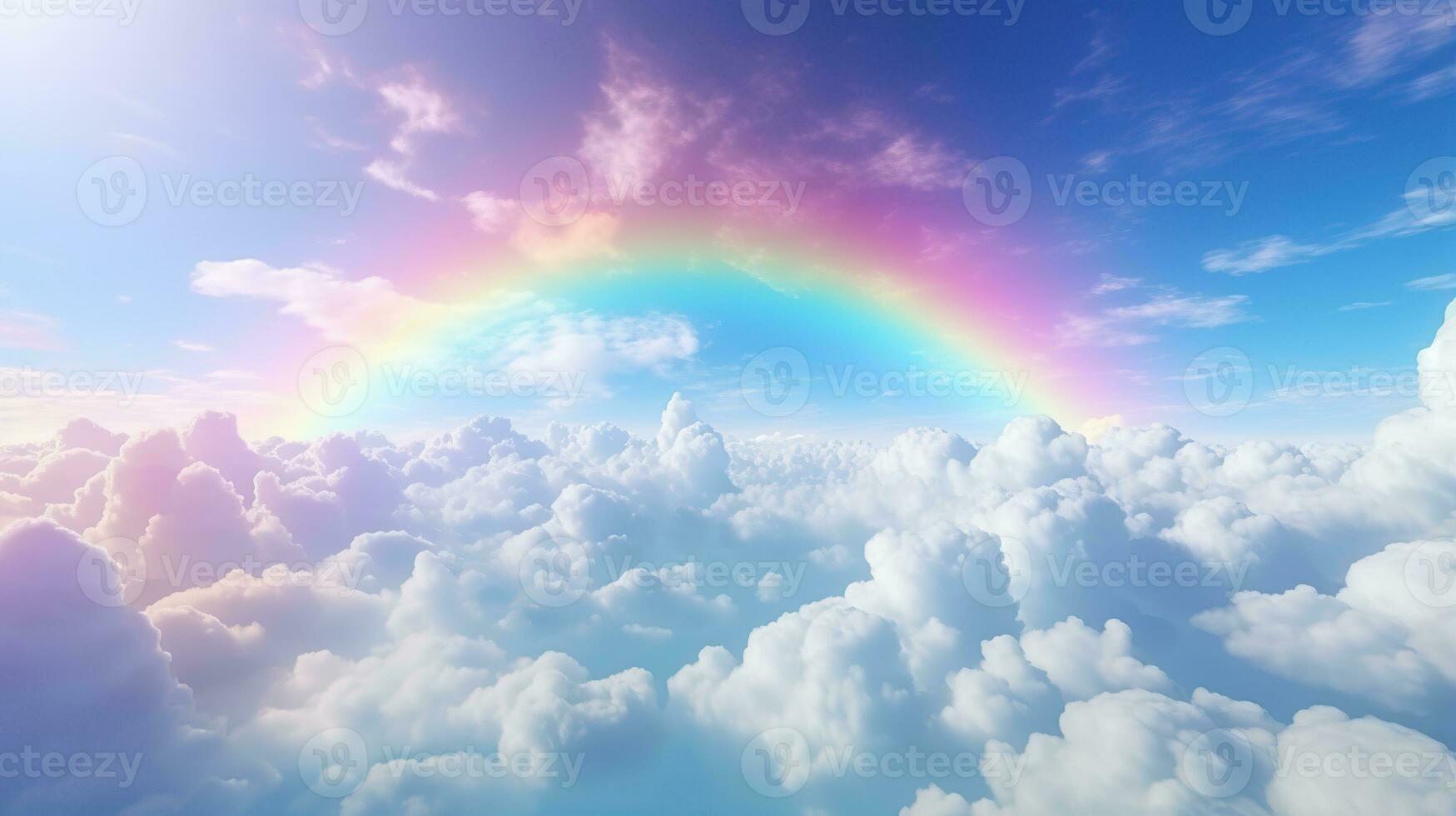 Generative AI, white fantastic clouds, sky and landscape with colorful rainbow. Gentle colors and with bright lights. photo