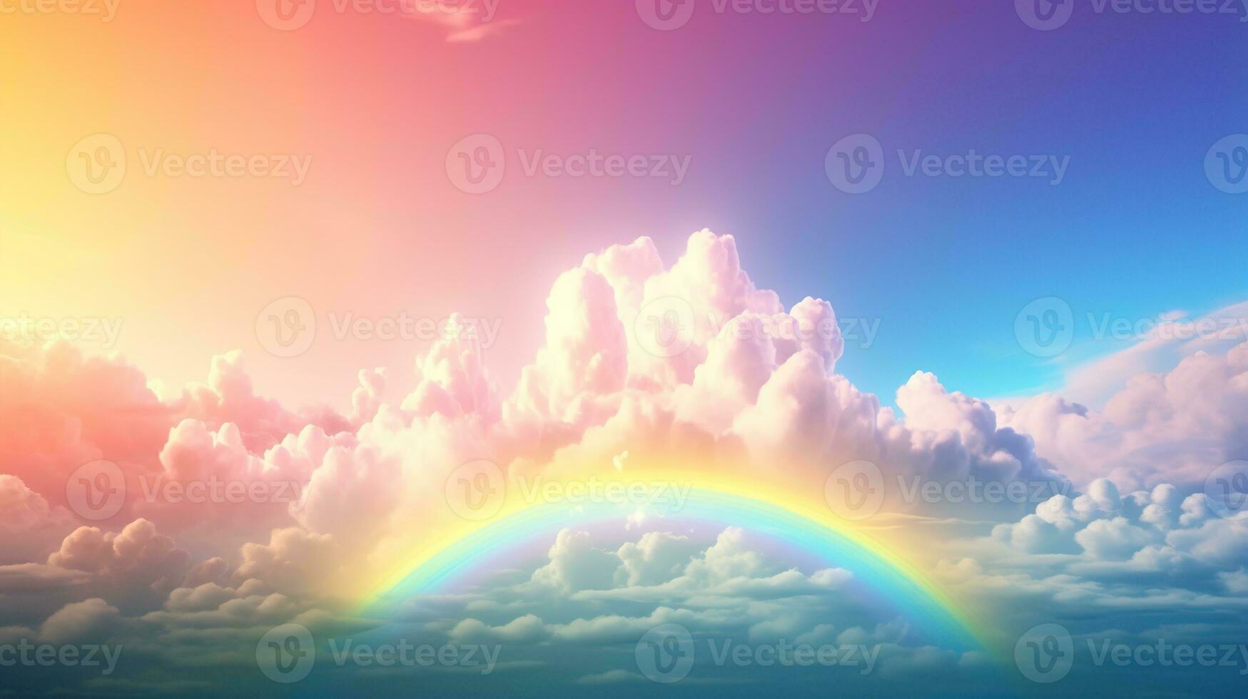 Generative AI, white fantastic clouds, sky and landscape with colorful rainbow. Gentle colors and with bright lights. photo