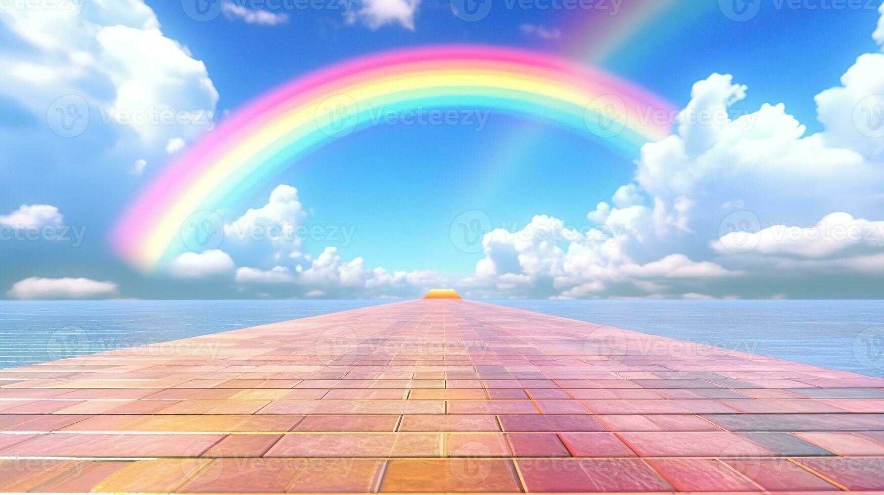 Generative AI, white fantastic clouds, sky and landscape with colorful rainbow. Gentle colors and with bright lights. photo