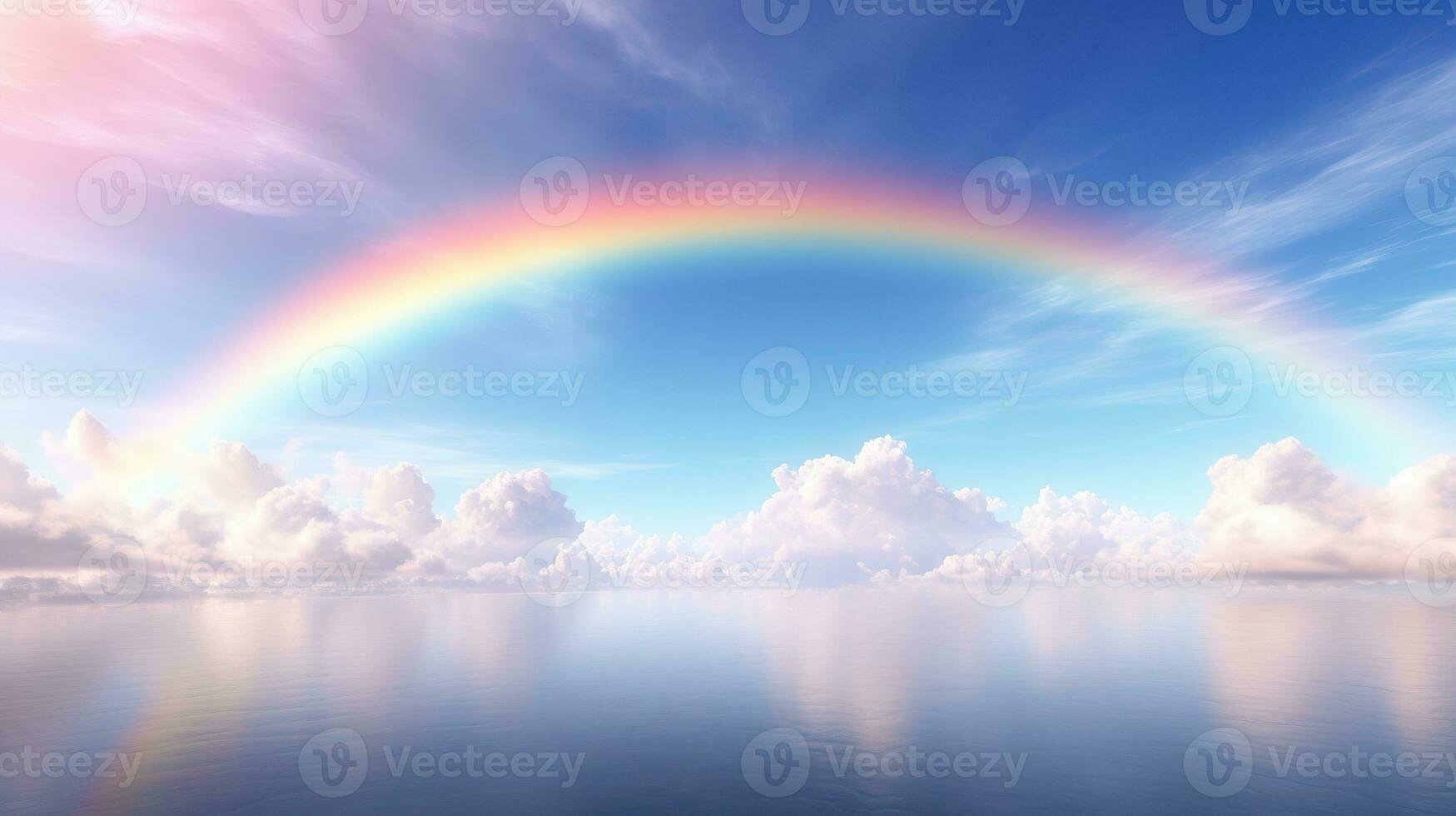 Generative AI, white fantastic clouds, sky and landscape with colorful rainbow. Gentle colors and with bright lights. photo