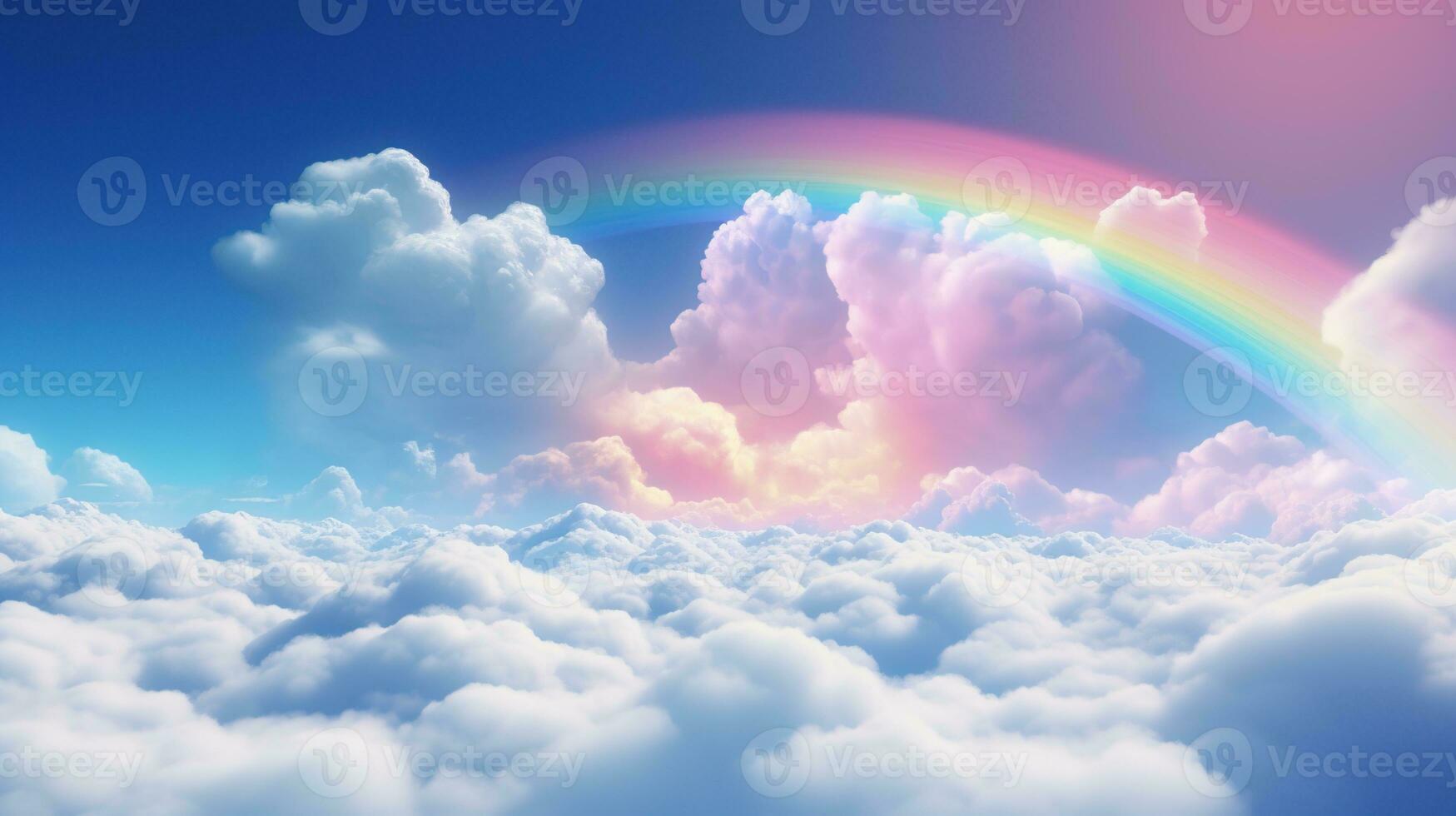 Generative AI, white fantastic clouds, sky and landscape with colorful rainbow. Gentle colors and with bright lights. photo