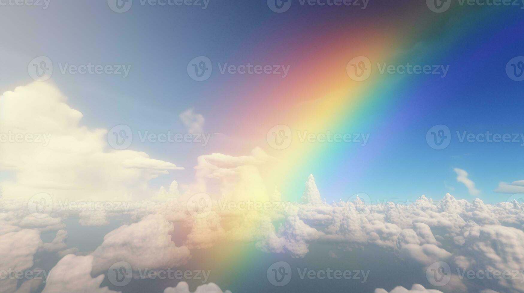Generative AI, white fantastic clouds, sky and landscape with colorful rainbow. Gentle colors and with bright lights. photo