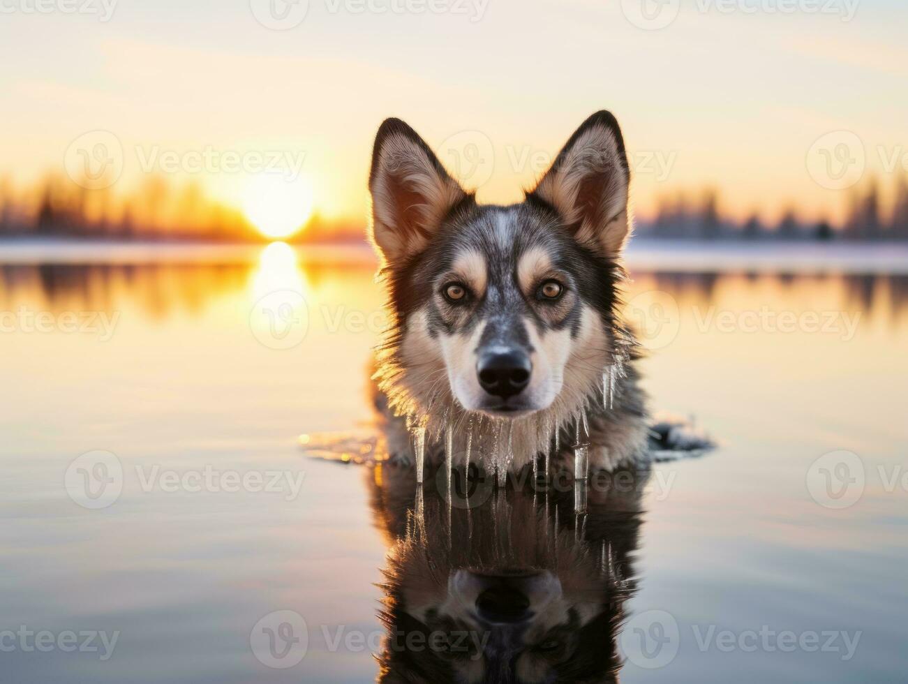 Dog during a winter walk AI Generative photo