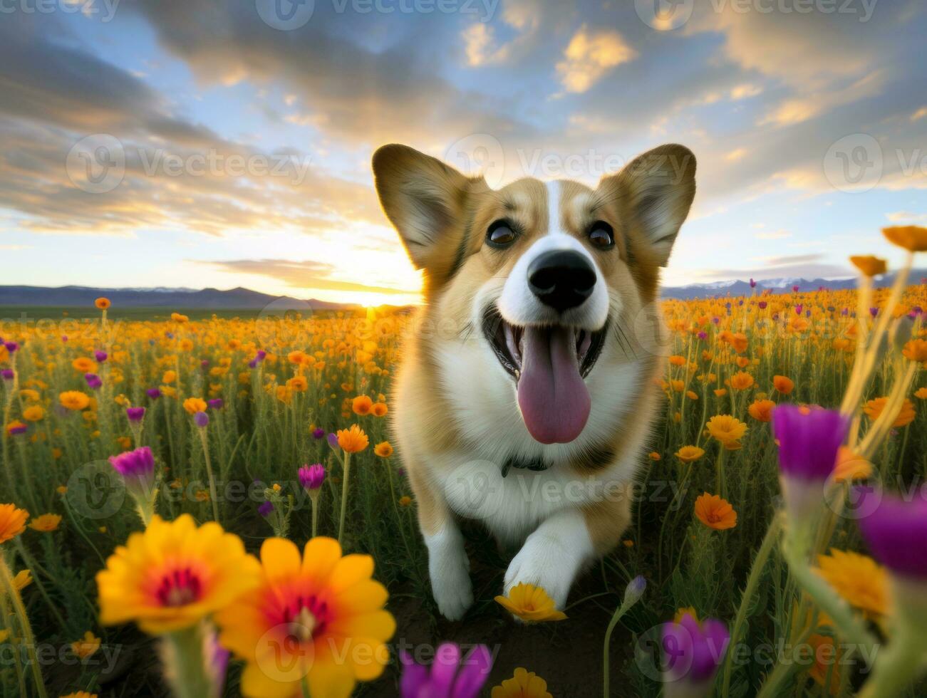 Curious dog exploring a field of blooming wildflower AI Generative photo