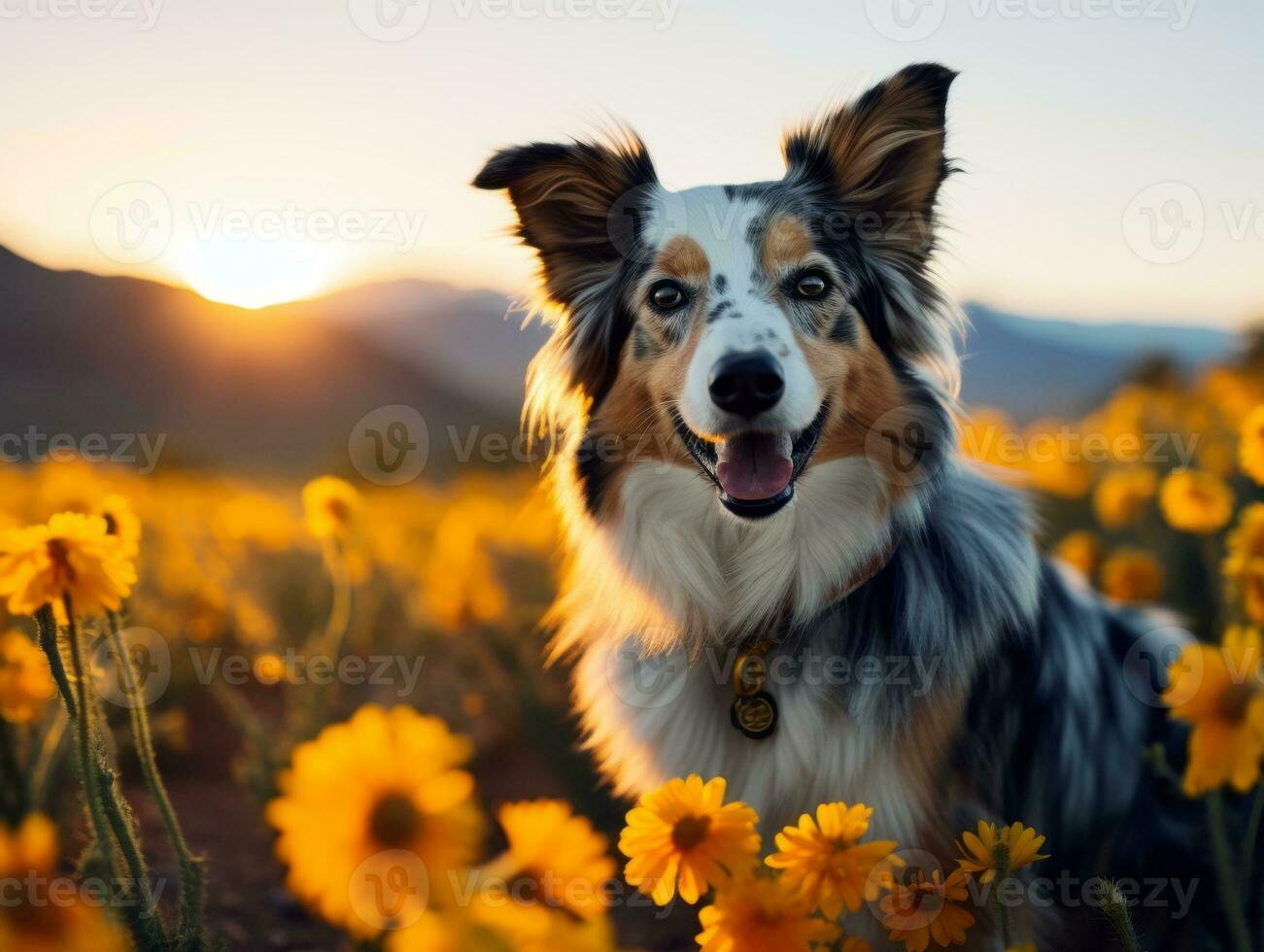 Curious dog exploring a field of blooming wildflower AI Generative photo