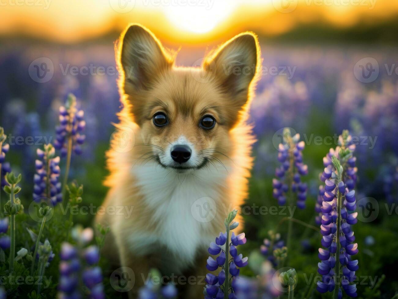 Curious dog exploring a field of blooming wildflower AI Generative photo