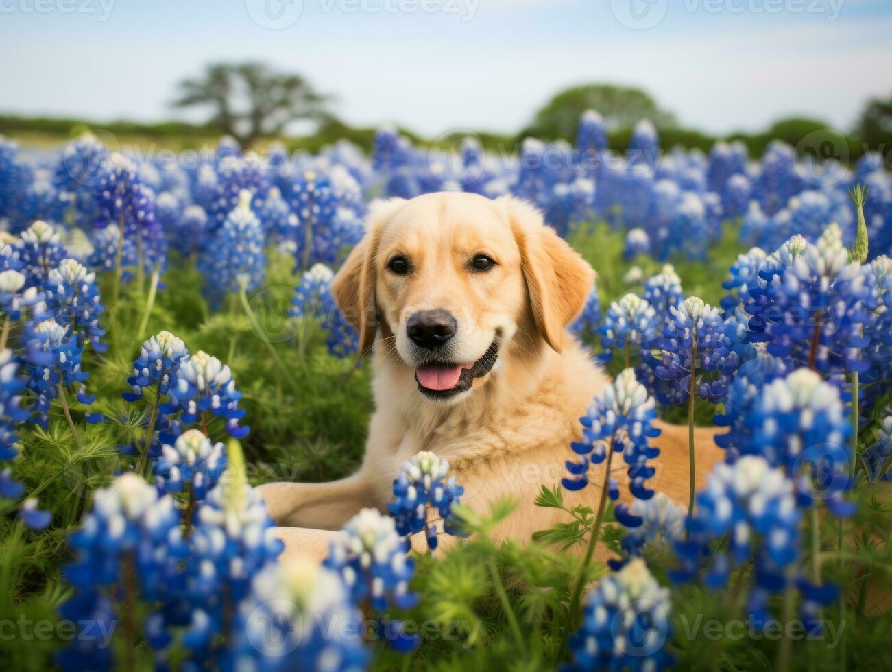Curious dog exploring a field of blooming wildflower AI Generative photo