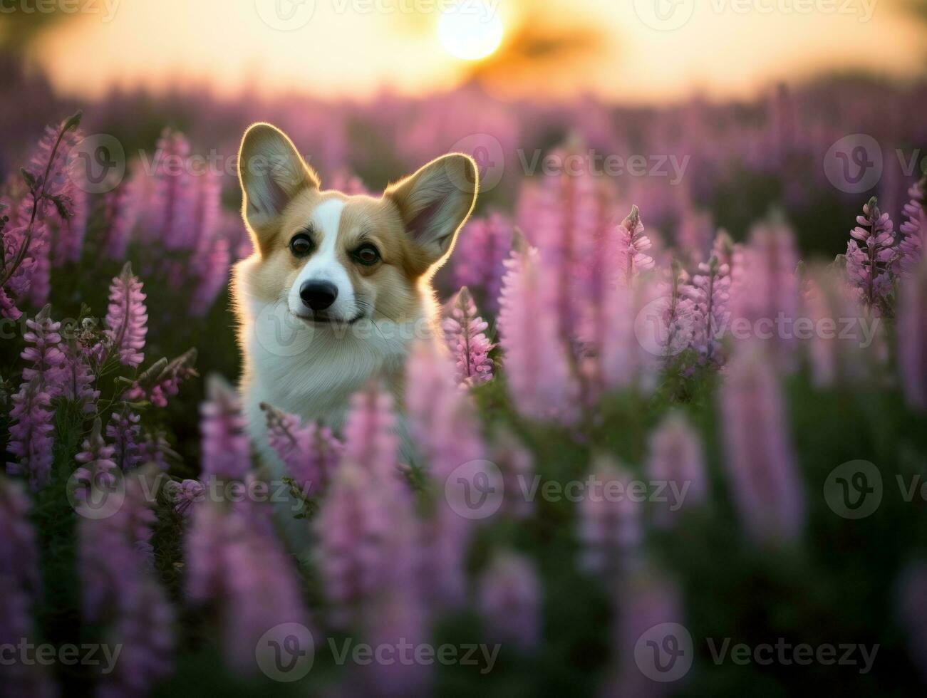 Curious dog exploring a field of blooming wildflower AI Generative photo