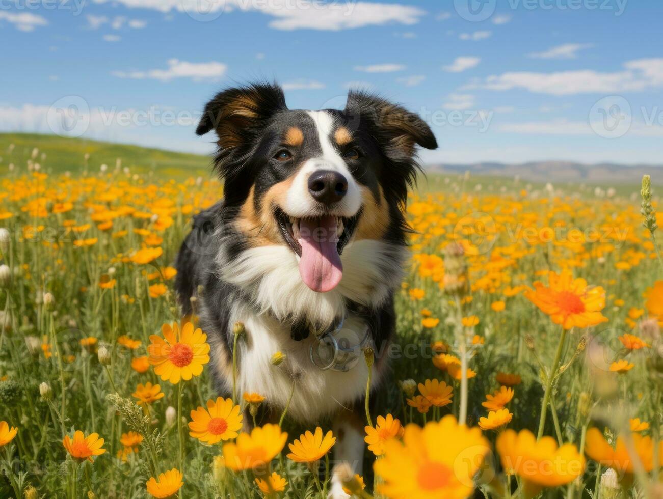 Curious dog exploring a field of blooming wildflower AI Generative photo