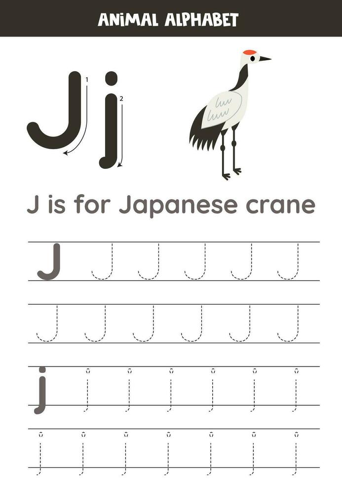 Tracing alphabet letters for kids. Animal alphabet. J is for japanese crane. vector