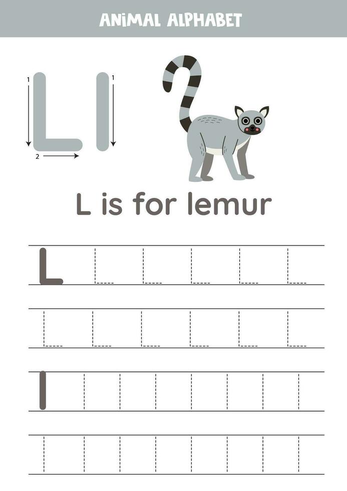 Tracing alphabet letters for kids. Animal alphabet. L is for lemur. vector