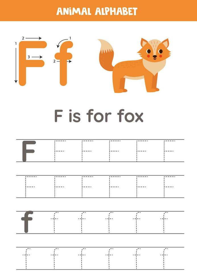 Tracing alphabet letters for kids. Animal alphabet. F is for fox. vector